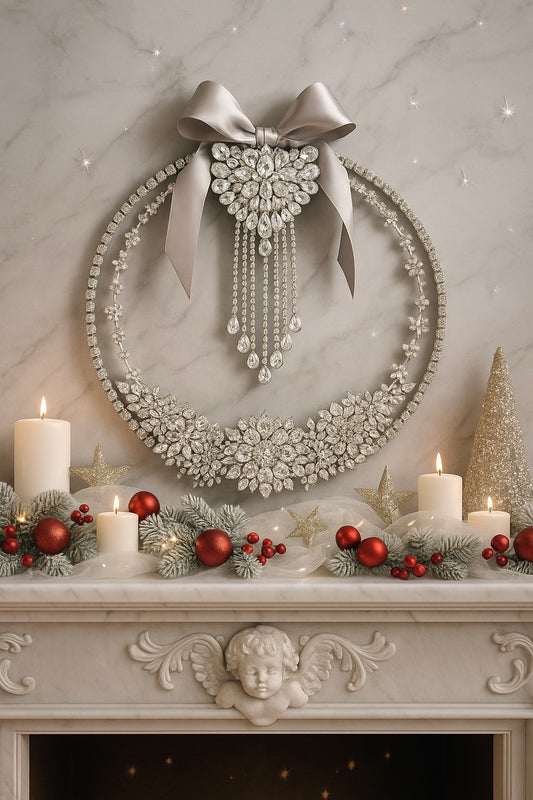 Luxury Rhinestone Wreath with Satin Bow | Handmade Crystal Wall Decor | Elegant Holiday Accent