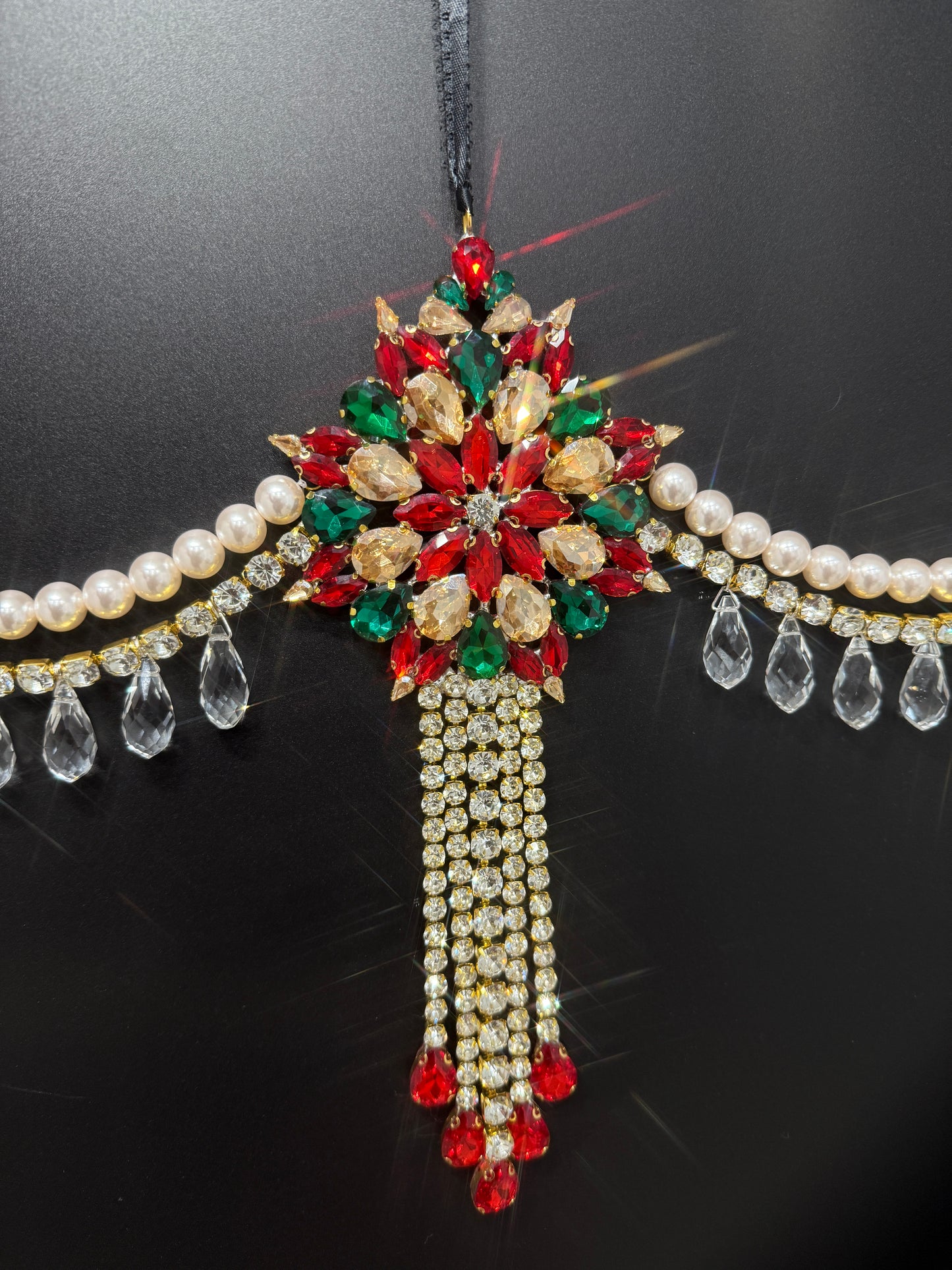 Luxury Red Green & Gold Jeweled Christmas Garland | Handmade Crystal Holiday Mantel Swag | Elegant Pearl Rhinestone Decor by LaysDecor