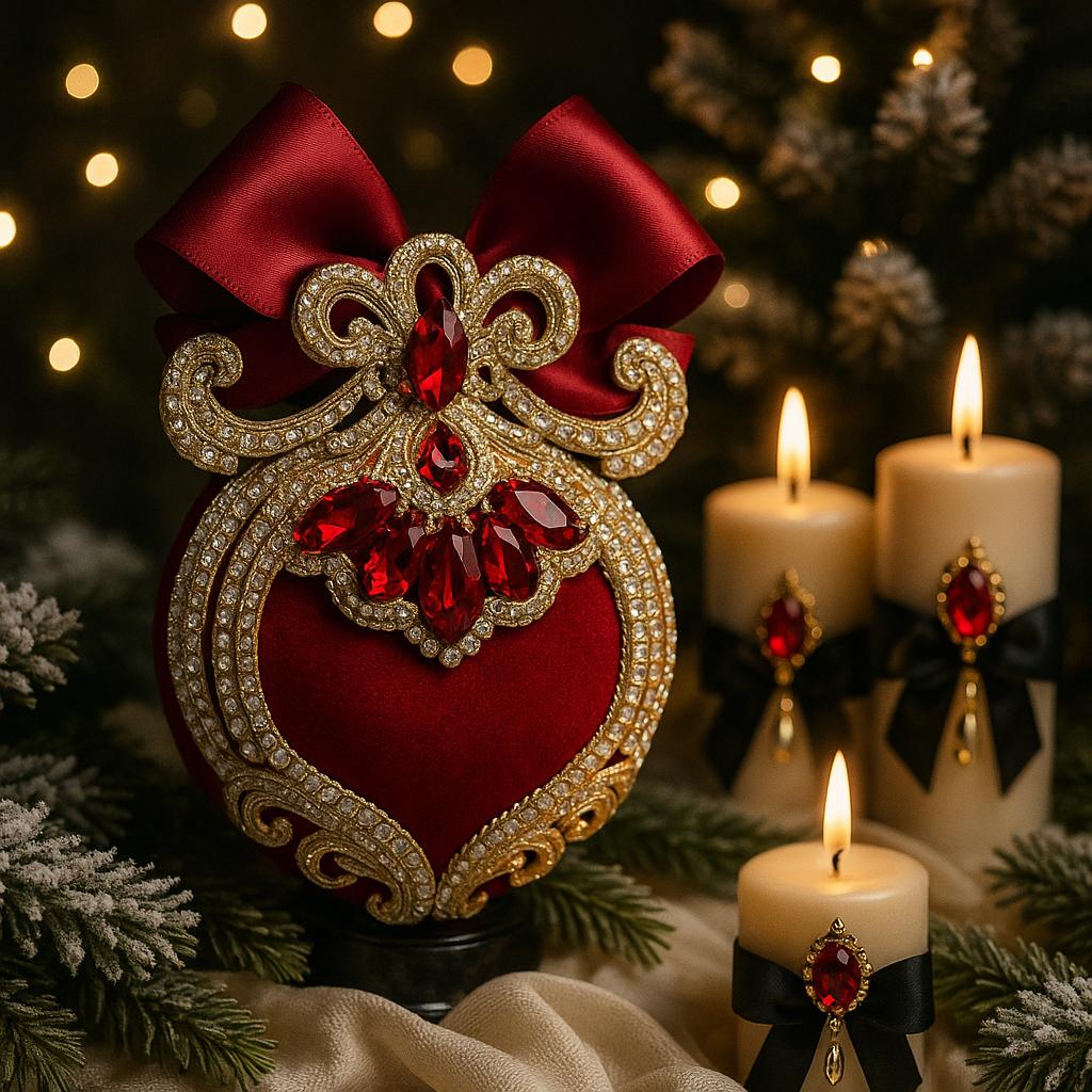 Handmade Velvet Christmas Ornament: Red, Gold, and Rhinestone Bauble