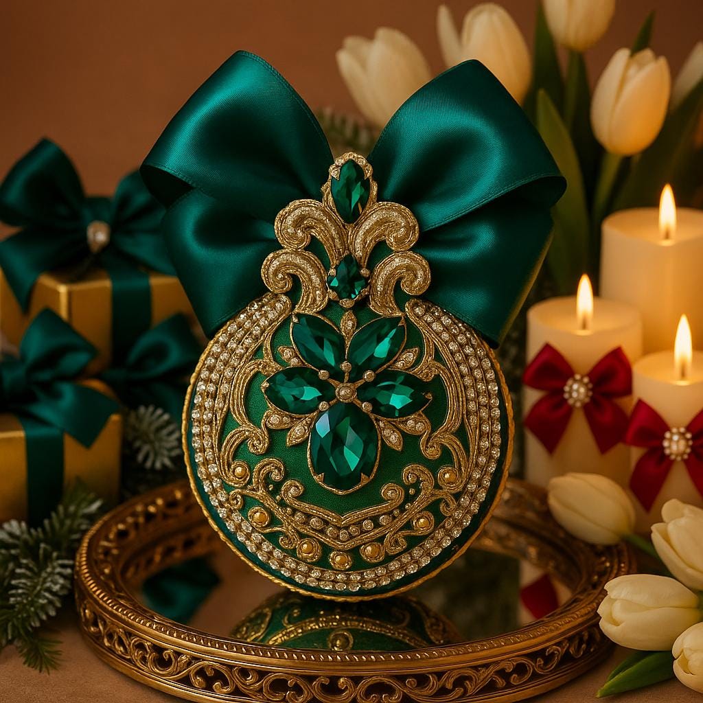 Handmade Green Velvet Christmas Ornament: Gold Embroidery Rhinestones