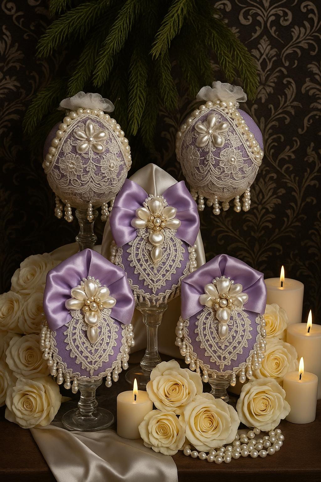Lavender Christmas Ornaments: Victorian Lace & Pearl Holiday Decor (Set of 4)
