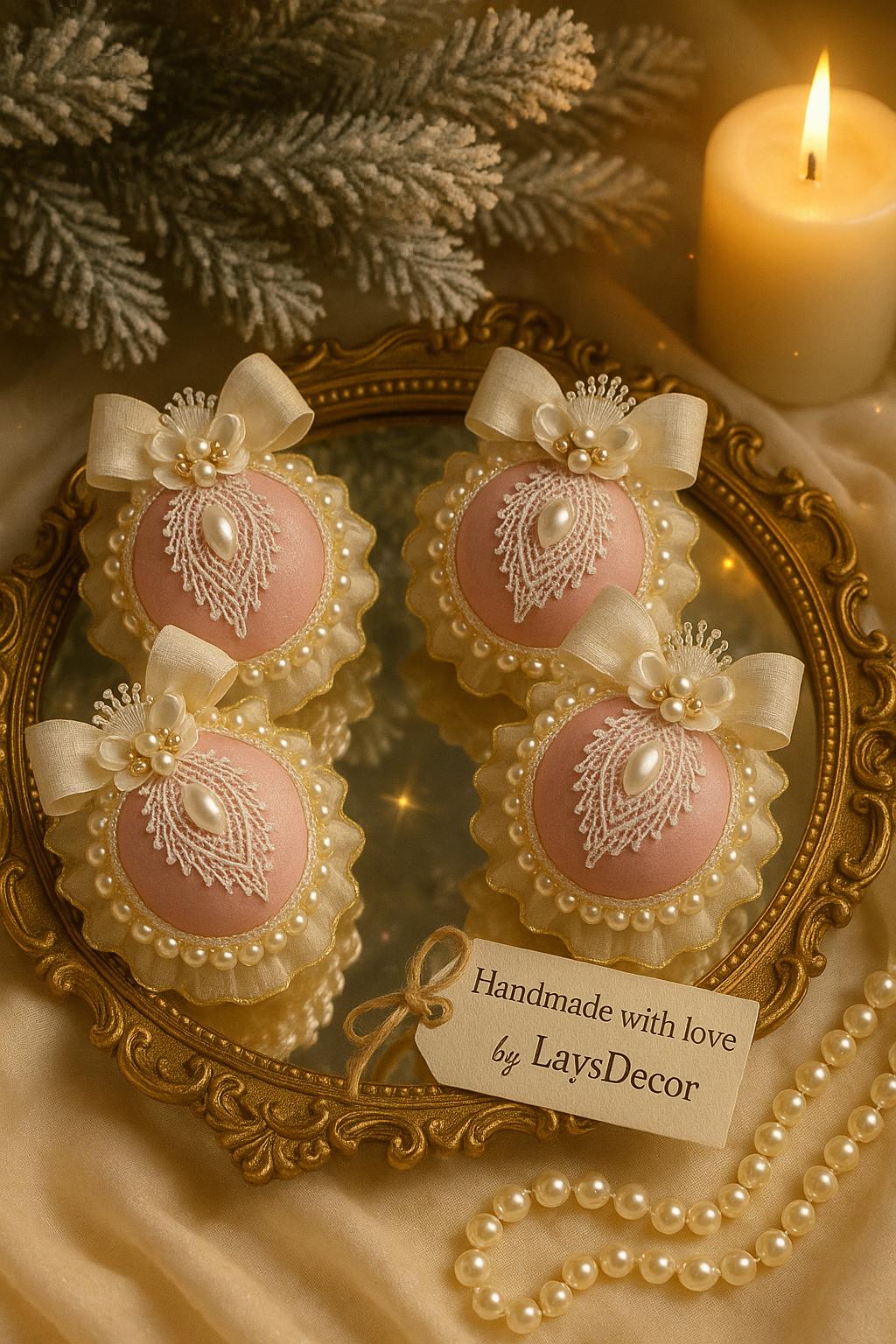 Dusty Pink Christmas Ornament Set: Handmade Pearl & Lace Holiday Baubles