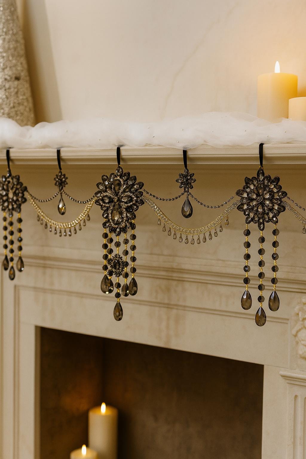 Black Crystal Mantel Garland: Gothic Rhinestone Fireplace Swag