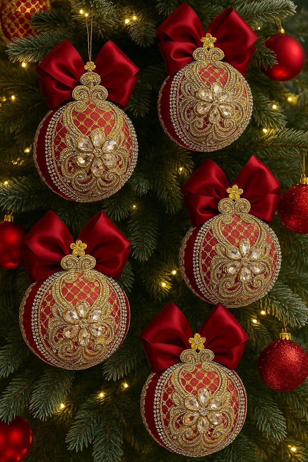 Handmade Red Velvet Christmas Ornament: Gold Lace & Rhinestone Bauble