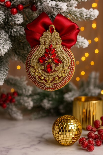 Handmade Red Velvet Christmas Ornament | Elegant Gold Rhinestone Bauble | Luxury Holiday Decor by LaysDecor