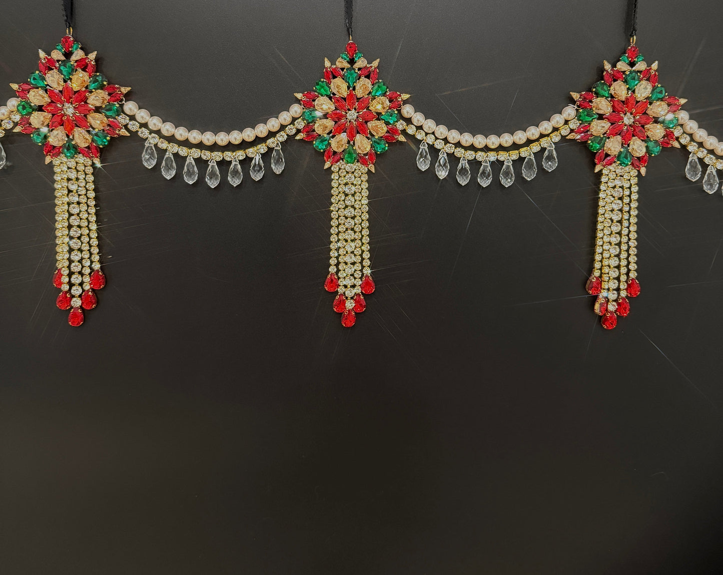 Luxury Red Green & Gold Jeweled Christmas Garland | Handmade Crystal Holiday Mantel Swag | Elegant Pearl Rhinestone Decor by LaysDecor