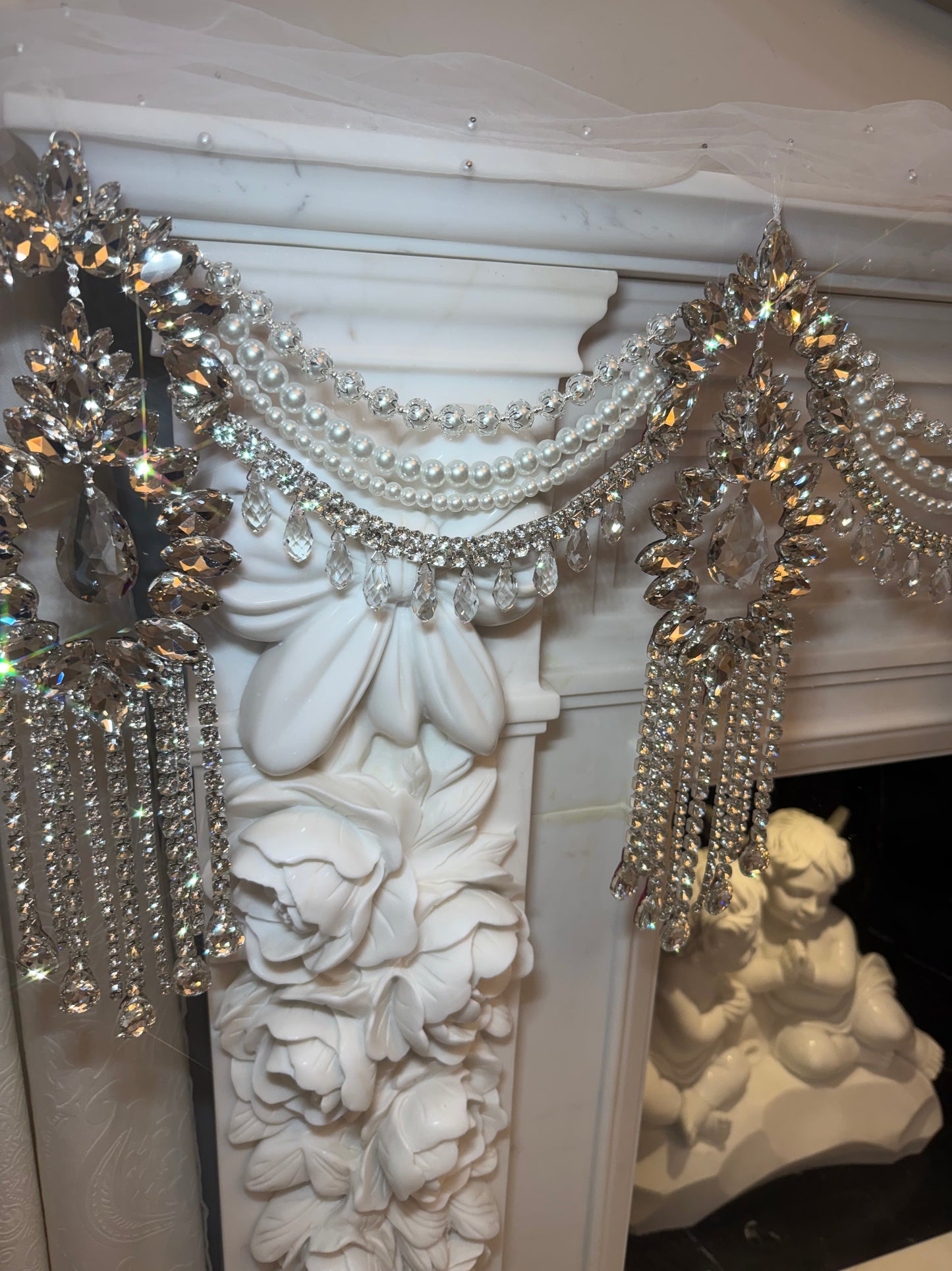Crystal Garland Rhinestone Mantel Swag, Luxury Wedding Decor Crystal Chandelier Garland, Handmade Pearl Beaded Garland, Fireplace Decor