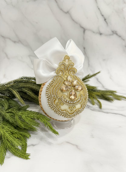 Handmade White Velvet Christmas Ornament | Gold & Champagne Holiday Decor | Luxury Elegant Bauble by LaysDecor