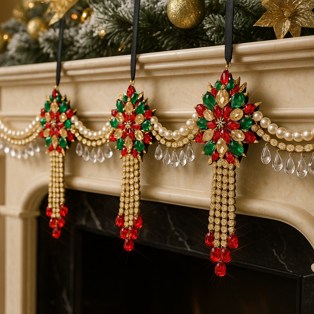 Luxury Red Green & Gold Jeweled Christmas Garland | Handmade Crystal Holiday Mantel Swag | Elegant Pearl Rhinestone Decor by LaysDecor