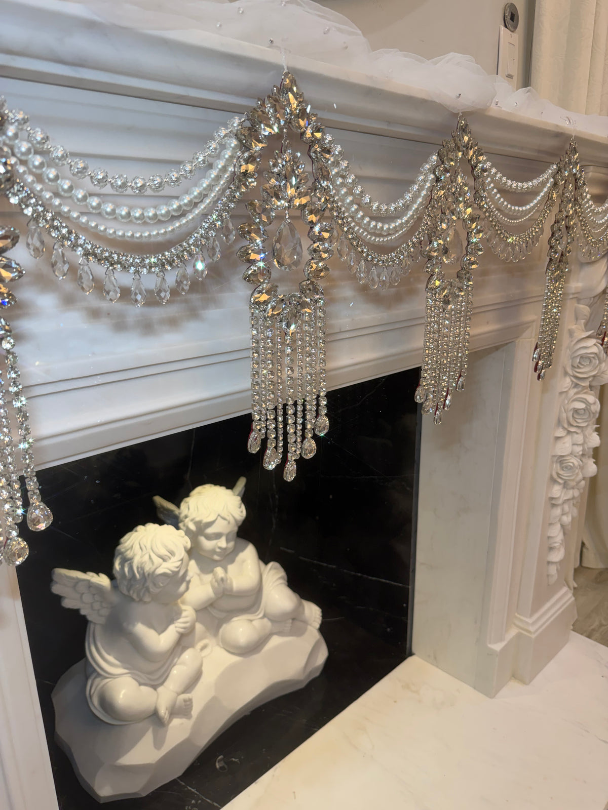 Crystal Garland Rhinestone Mantel Swag, Luxury Wedding Decor Crystal Chandelier Garland, Handmade Pearl Beaded Garland, Fireplace Decor
