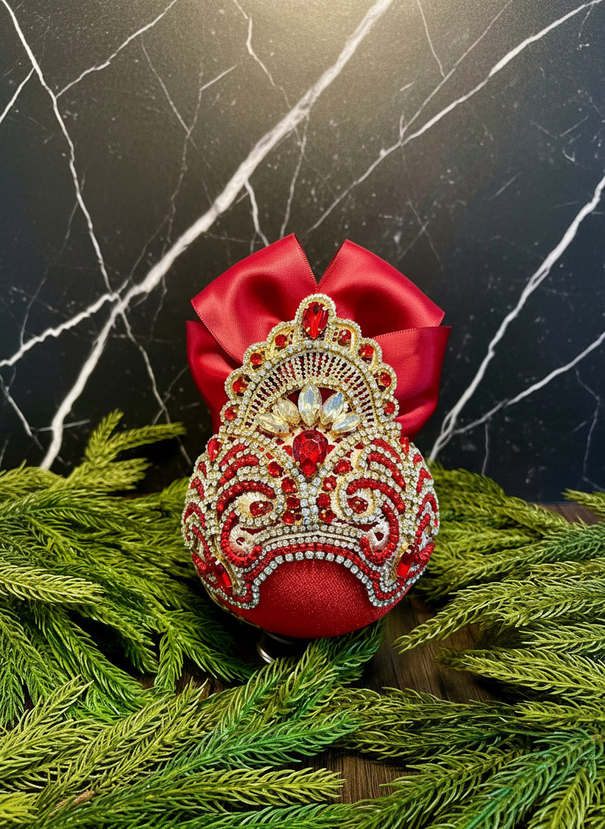 Handmade Red & Gold Velvet Christmas Ornament | Gold Lace Crown Bauble | Luxury Crystal Rhinestone Holiday Decor