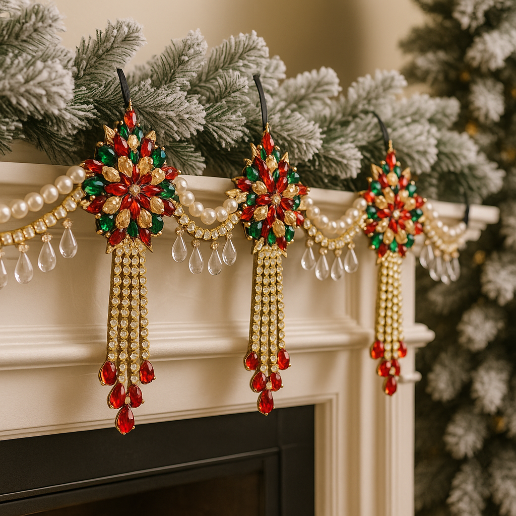 Luxury Red Green & Gold Jeweled Christmas Garland | Handmade Crystal Holiday Mantel Swag | Elegant Pearl Rhinestone Decor by LaysDecor