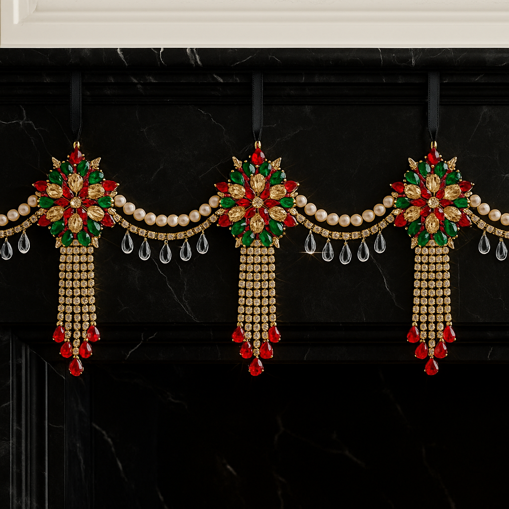 Luxury Red Green & Gold Jeweled Christmas Garland | Handmade Crystal Holiday Mantel Swag | Elegant Pearl Rhinestone Decor by LaysDecor