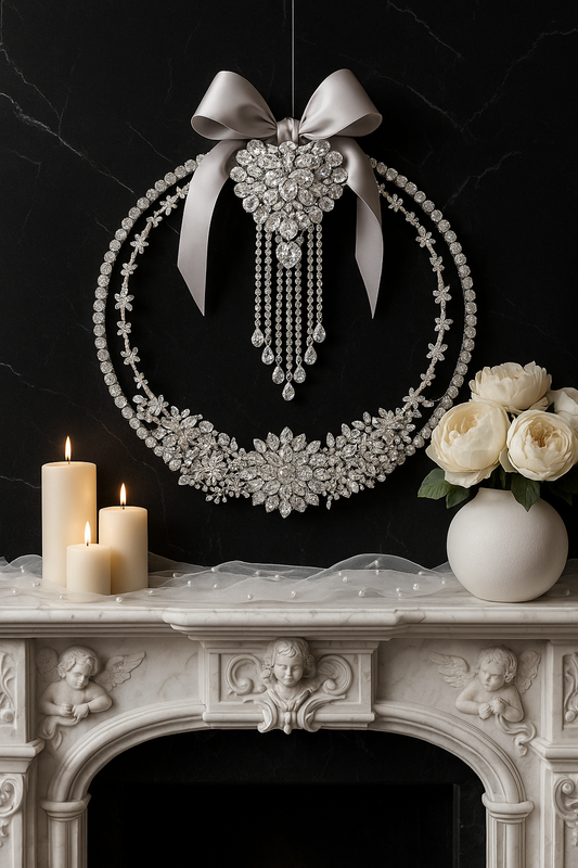 Luxury Rhinestone Wreath with Satin Bow | Handmade Crystal Wall Decor | Elegant Holiday Accent