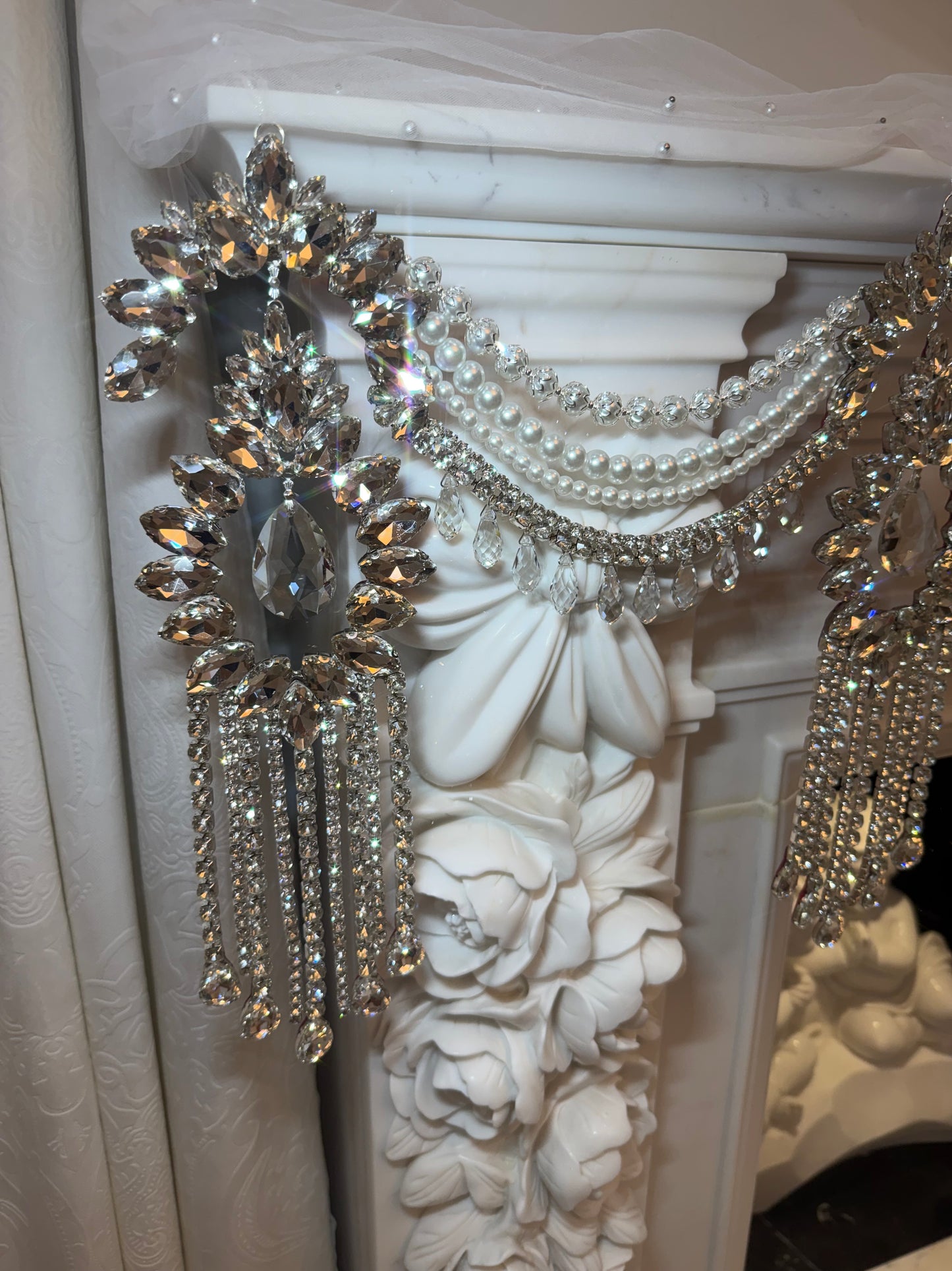 Crystal Garland Rhinestone Mantel Swag, Luxury Wedding Decor Crystal Chandelier Garland, Handmade Pearl Beaded Garland, Fireplace Decor