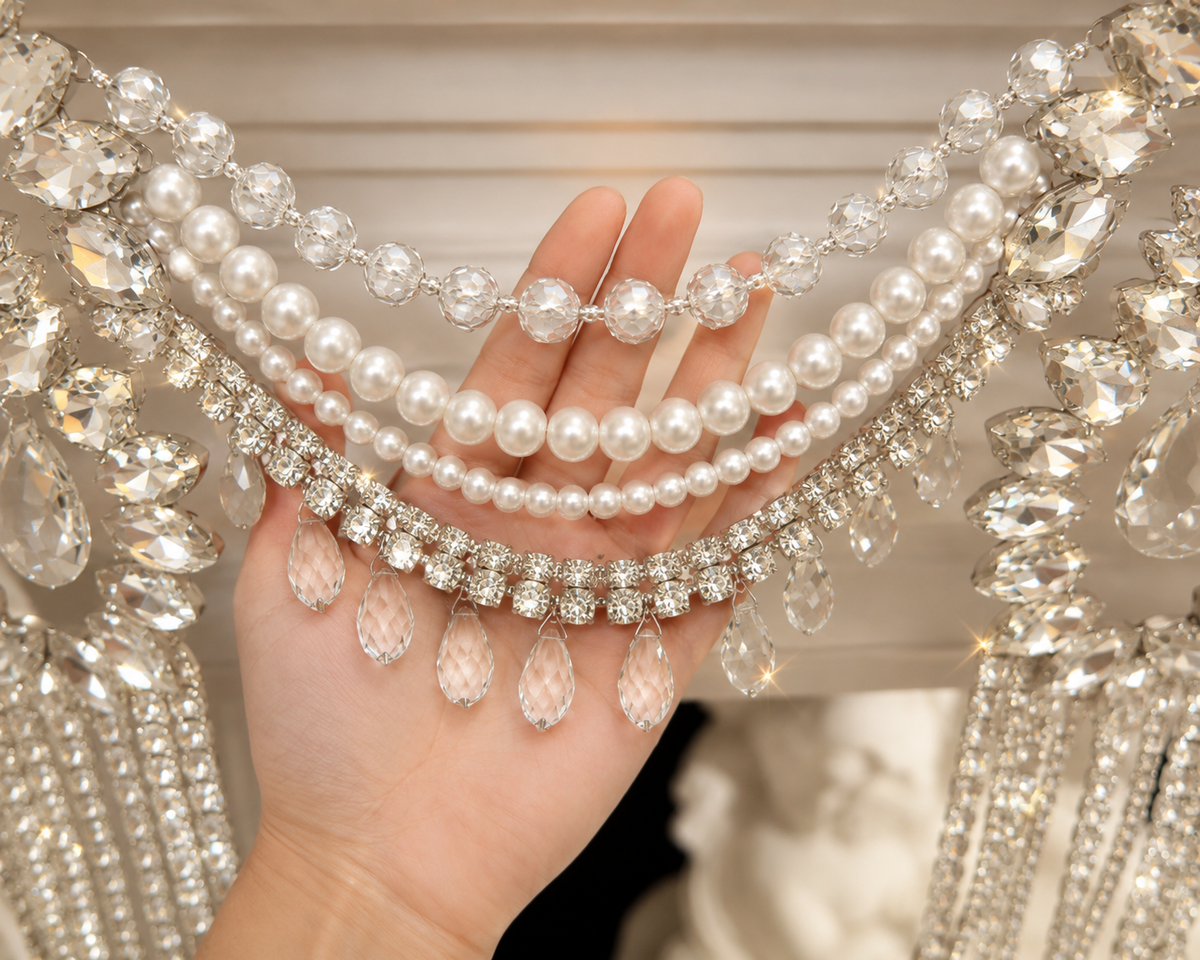 Crystal Garland Rhinestone Mantel Swag, Luxury Wedding Decor Crystal Chandelier Garland, Handmade Pearl Beaded Garland, Fireplace Decor