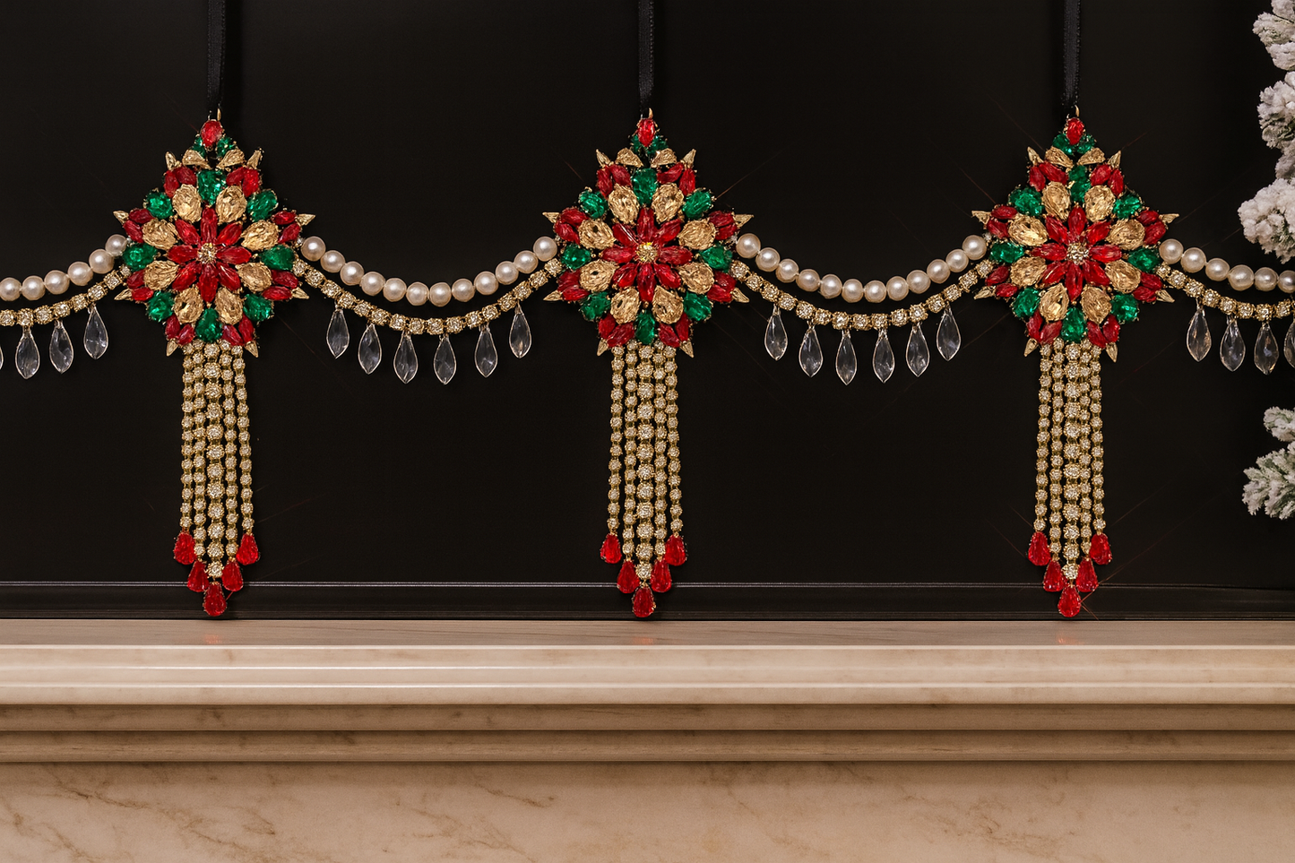 Luxury Red Green & Gold Jeweled Christmas Garland | Handmade Crystal Holiday Mantel Swag | Elegant Pearl Rhinestone Decor by LaysDecor