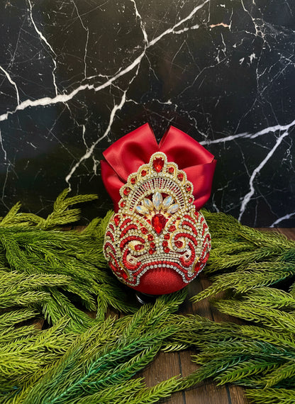 Handmade Red & Gold Velvet Christmas Ornament | Gold Lace Crown Bauble | Luxury Crystal Rhinestone Holiday Decor