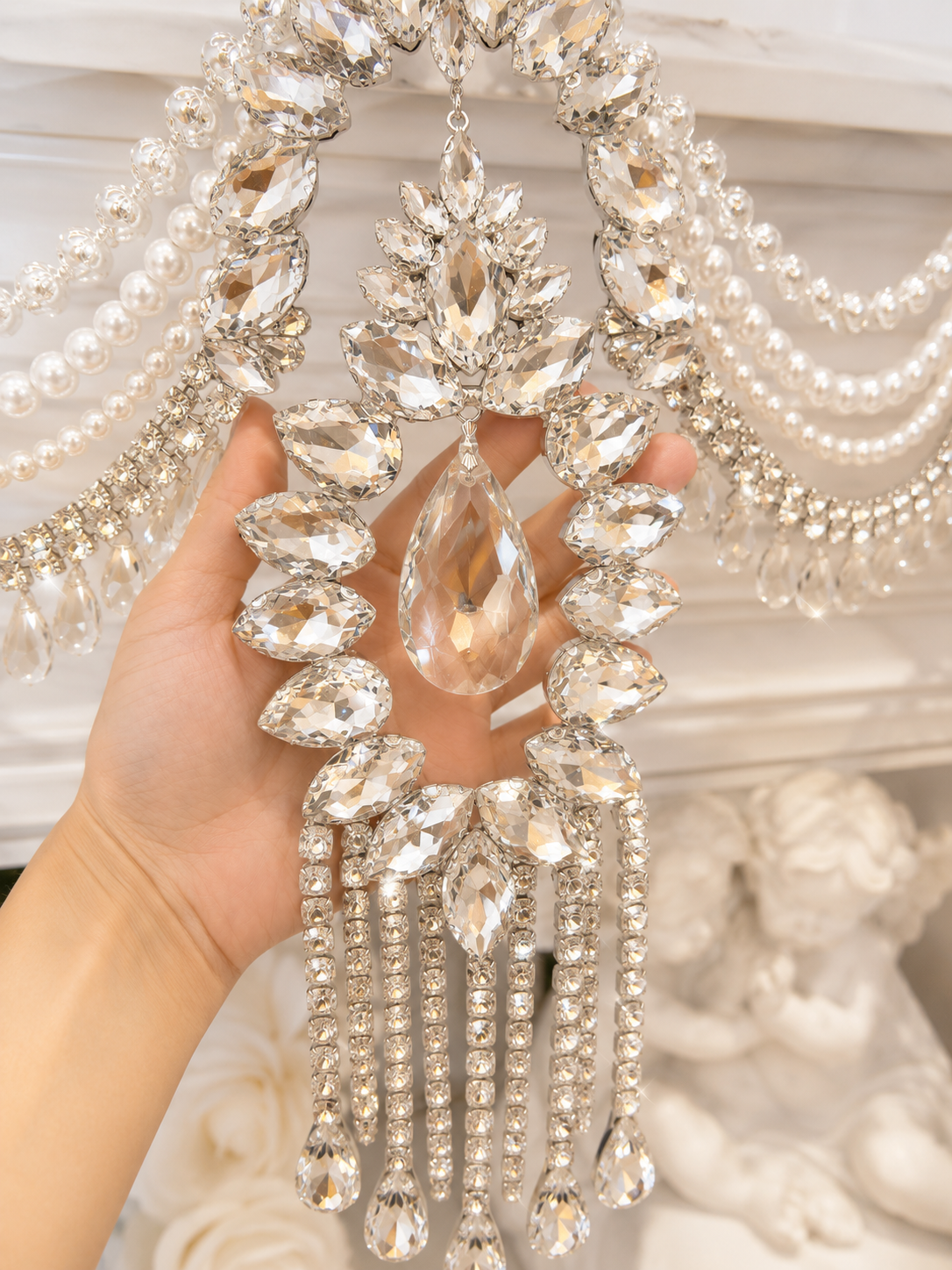 Crystal Garland Rhinestone Mantel Swag, Luxury Wedding Decor Crystal Chandelier Garland, Handmade Pearl Beaded Garland, Fireplace Decor