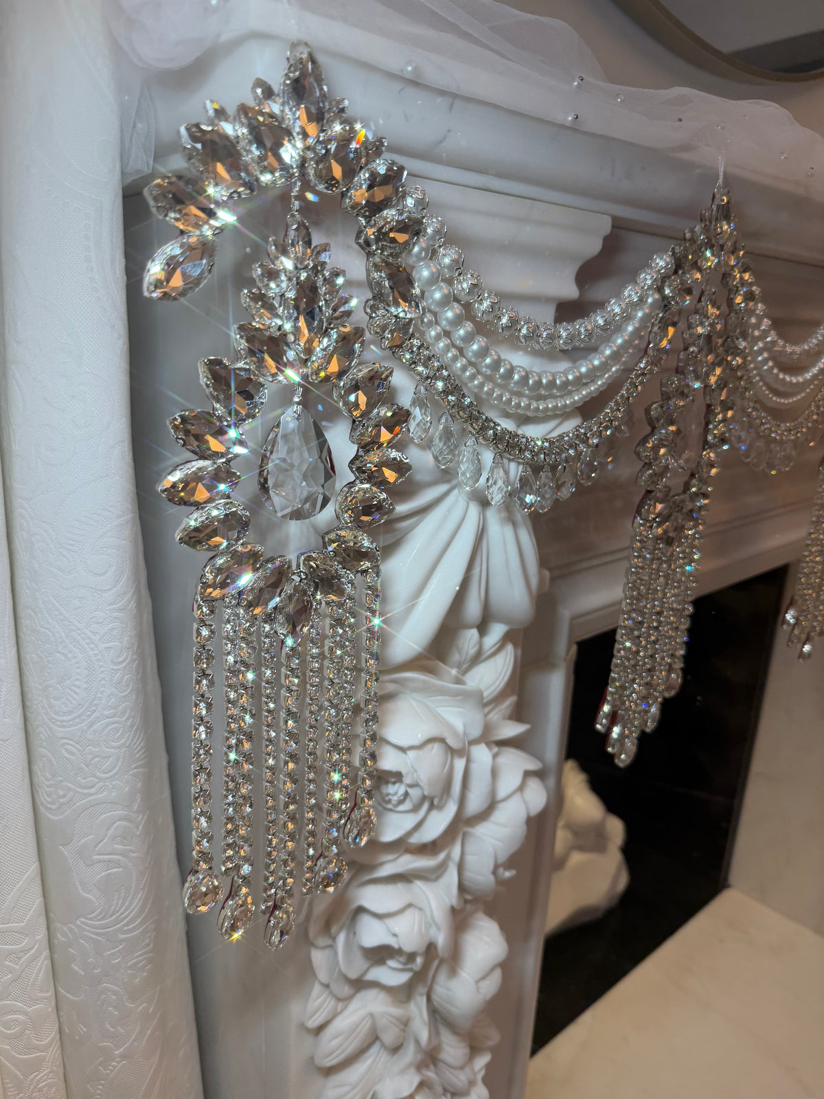Crystal Garland Rhinestone Mantel Swag, Luxury Wedding Decor Crystal Chandelier Garland, Handmade Pearl Beaded Garland, Fireplace Decor