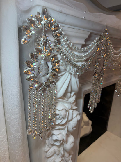 Crystal Garland Rhinestone Mantel Swag, Luxury Wedding Decor Crystal Chandelier Garland, Handmade Pearl Beaded Garland, Fireplace Decor