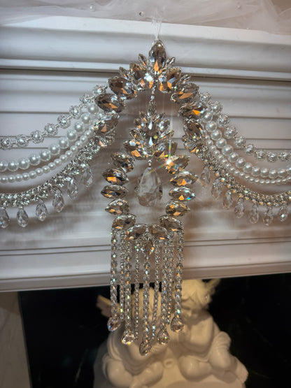 Crystal Garland Rhinestone Mantel Swag, Luxury Wedding Decor Crystal Chandelier Garland, Handmade Pearl Beaded Garland, Fireplace Decor