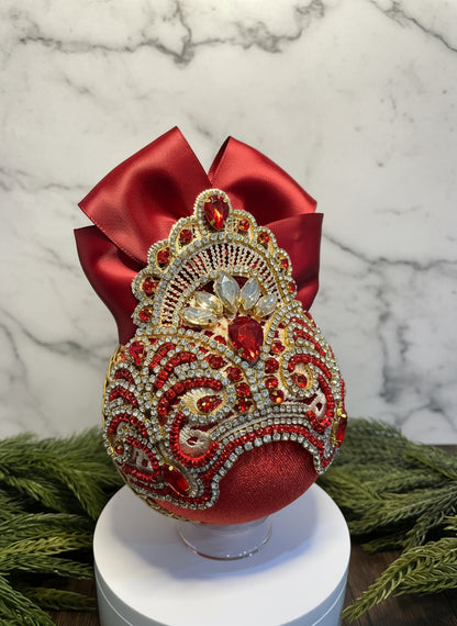 Handmade Red & Gold Velvet Christmas Ornament | Gold Lace Crown Bauble | Luxury Crystal Rhinestone Holiday Decor