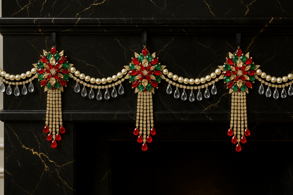 Luxury Red Green & Gold Jeweled Christmas Garland | Handmade Crystal Holiday Mantel Swag | Elegant Pearl Rhinestone Decor by LaysDecor