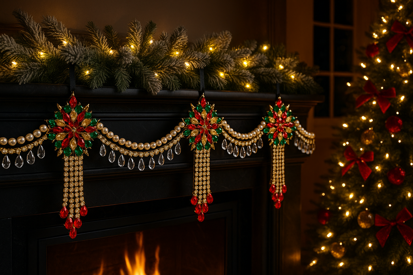 Luxury Red Green & Gold Jeweled Christmas Garland | Handmade Crystal Holiday Mantel Swag | Elegant Pearl Rhinestone Decor by LaysDecor