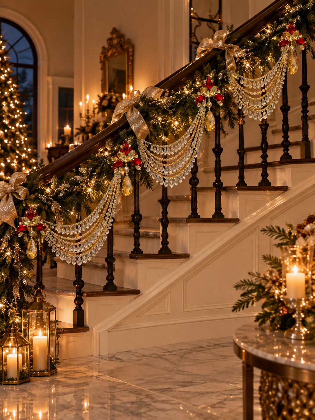 Jeweled Christmas Tree Swag, Crystal Mantel Garland, Fireplace Decor, Red Champagne Holiday Decor, Luxury Handmade Crystal Swag