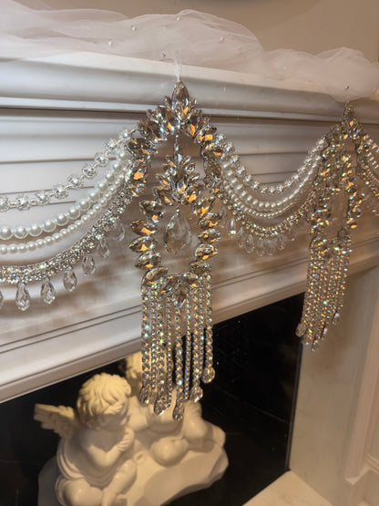 Crystal Garland Rhinestone Mantel Swag, Luxury Wedding Decor Crystal Chandelier Garland, Handmade Pearl Beaded Garland, Fireplace Decor