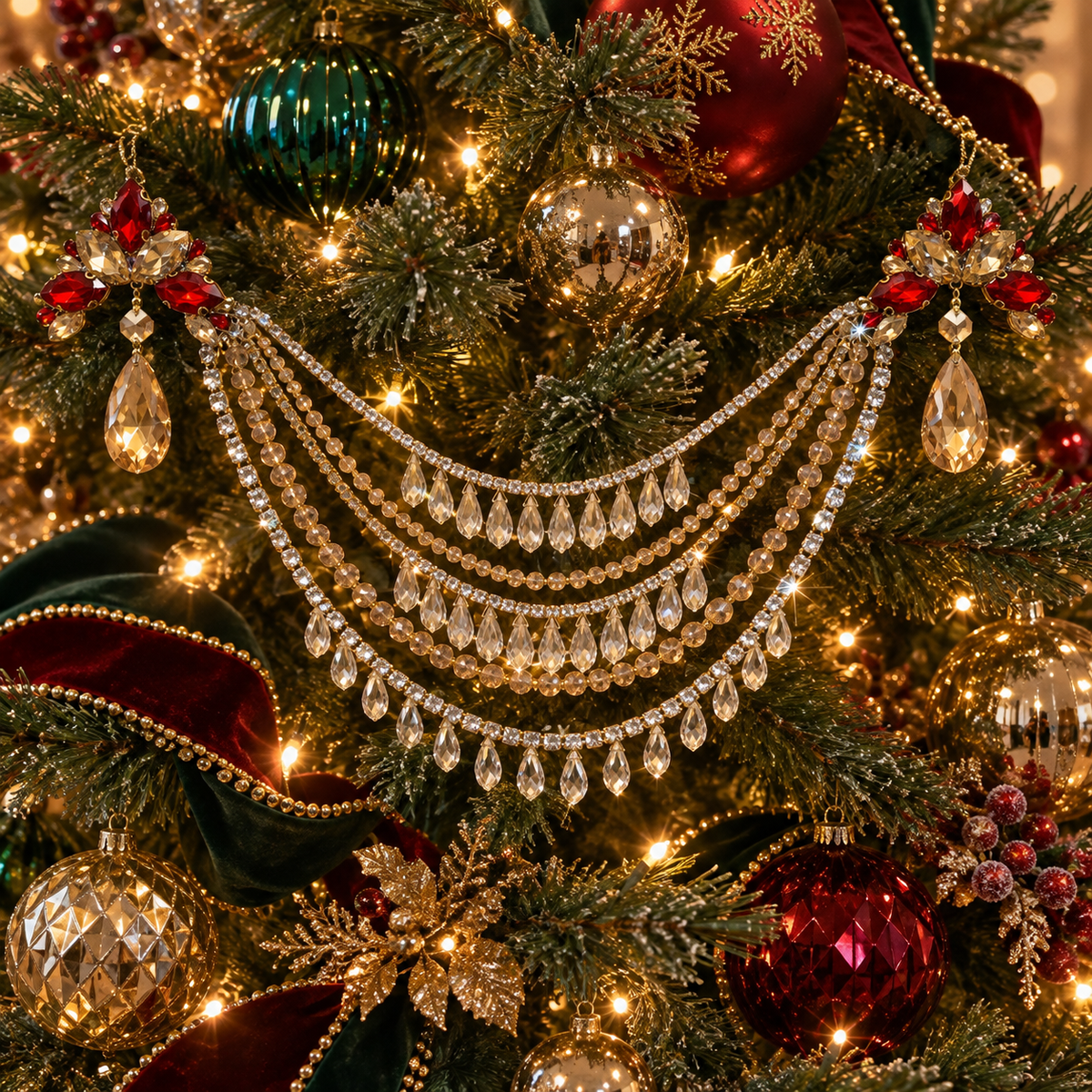 Jeweled Christmas Tree Swag, Crystal Mantel Garland, Fireplace Decor, Red Champagne Holiday Decor, Luxury Handmade Crystal Swag