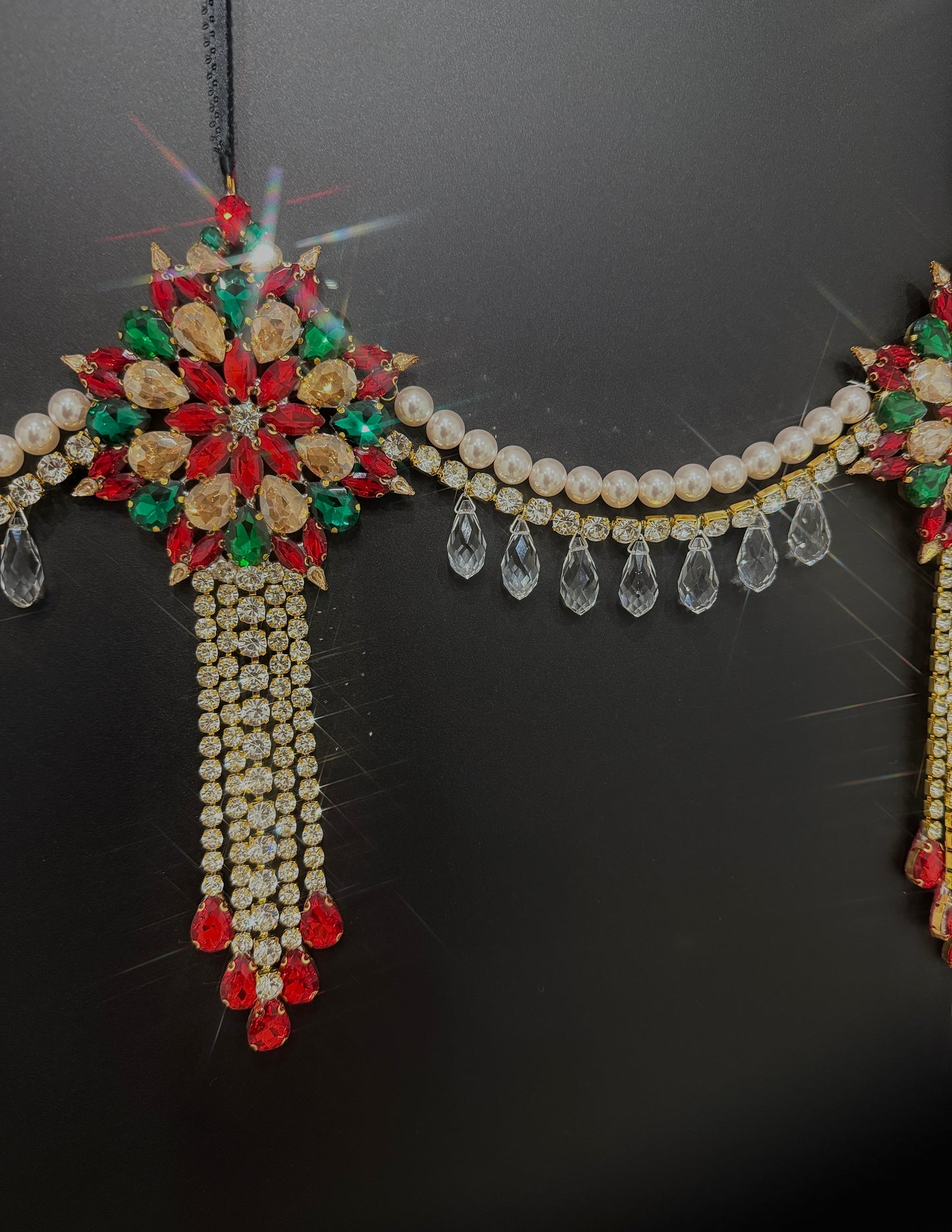 Luxury Red Green & Gold Jeweled Christmas Garland | Handmade Crystal Holiday Mantel Swag | Elegant Pearl Rhinestone Decor by LaysDecor