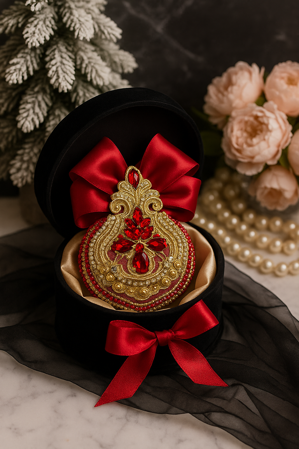 Handmade Red Velvet Christmas Ornament | Elegant Gold Rhinestone Bauble | Luxury Holiday Decor by LaysDecor