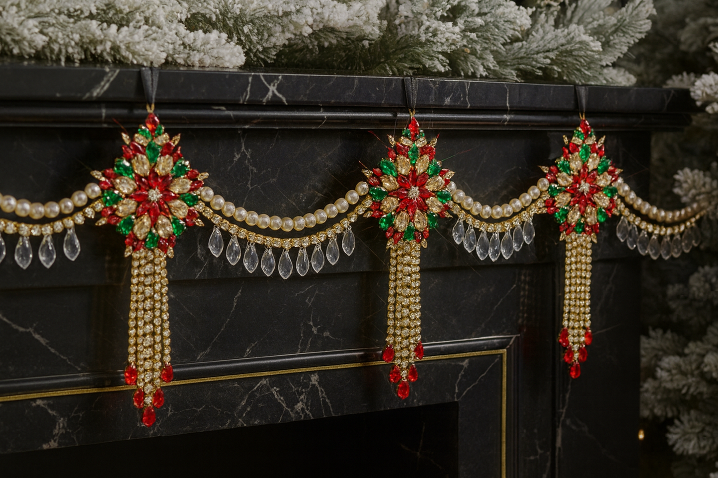 Luxury Red Green & Gold Jeweled Christmas Garland | Handmade Crystal Holiday Mantel Swag | Elegant Pearl Rhinestone Decor by LaysDecor