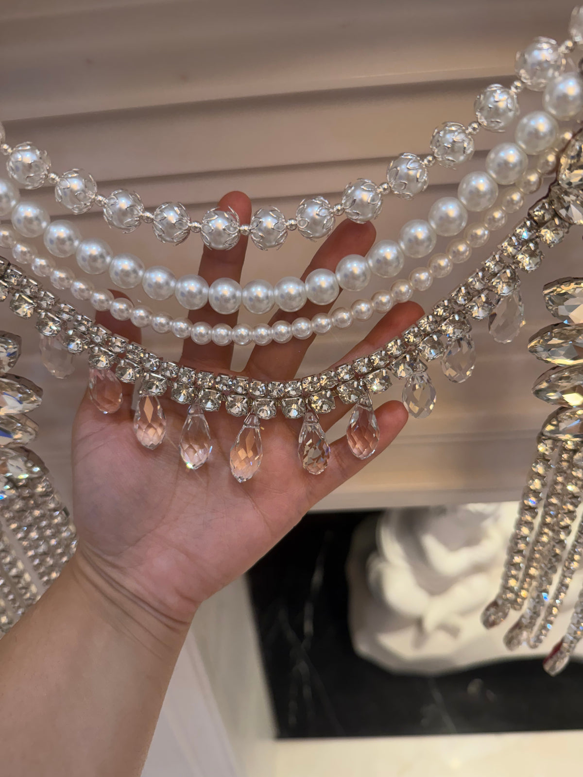 Crystal Garland Rhinestone Mantel Swag, Luxury Wedding Decor Crystal Chandelier Garland, Handmade Pearl Beaded Garland, Fireplace Decor
