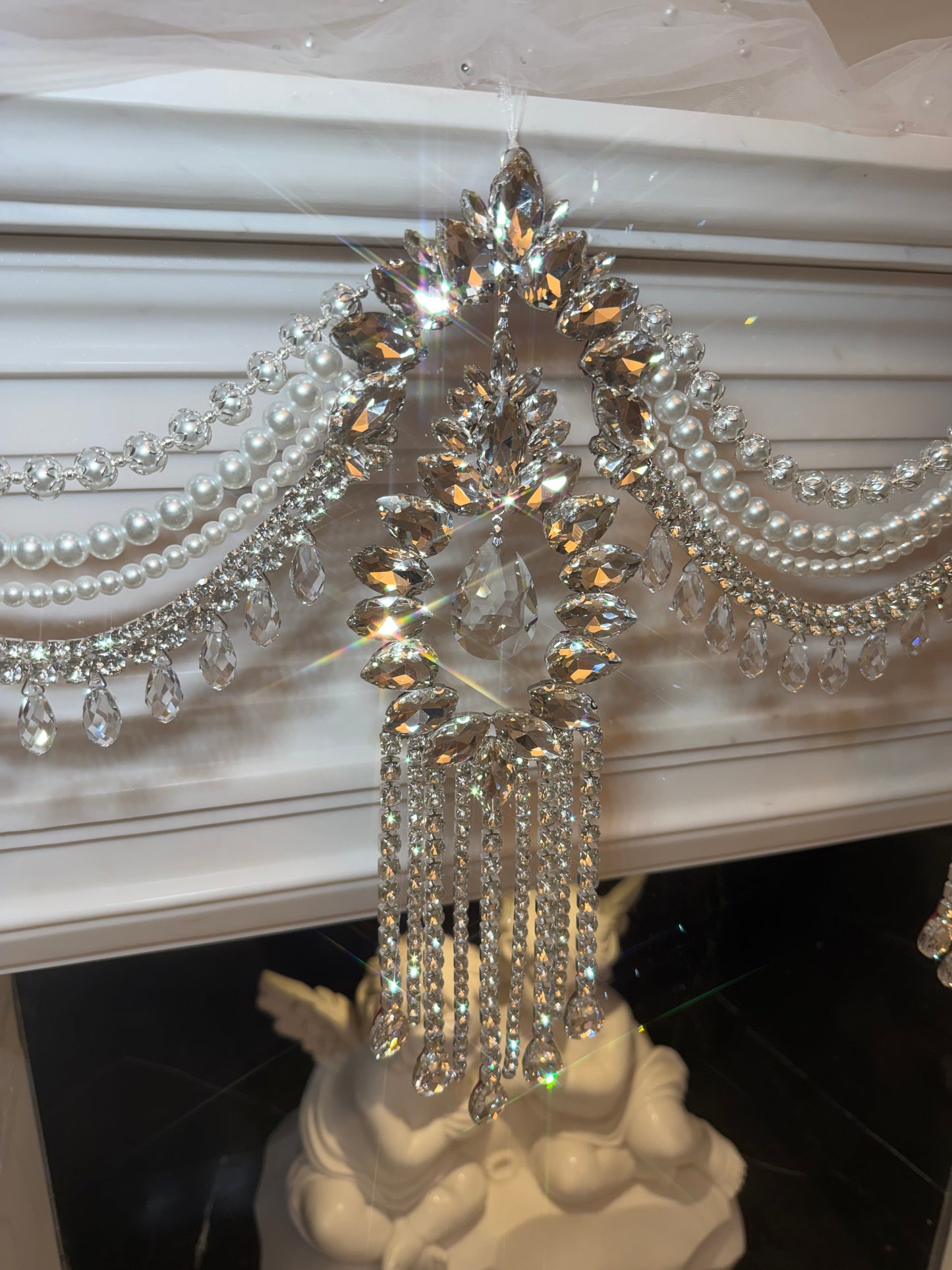 Crystal Garland Rhinestone Mantel Swag, Luxury Wedding Decor Crystal Chandelier Garland, Handmade Pearl Beaded Garland, Fireplace Decor
