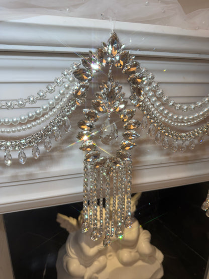 Crystal Garland Rhinestone Mantel Swag, Luxury Wedding Decor Crystal Chandelier Garland, Handmade Pearl Beaded Garland, Fireplace Decor