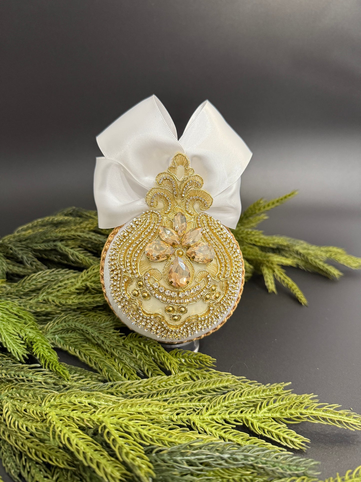 Handmade White Velvet Christmas Ornament | Gold & Champagne Holiday Decor | Luxury Elegant Bauble by LaysDecor