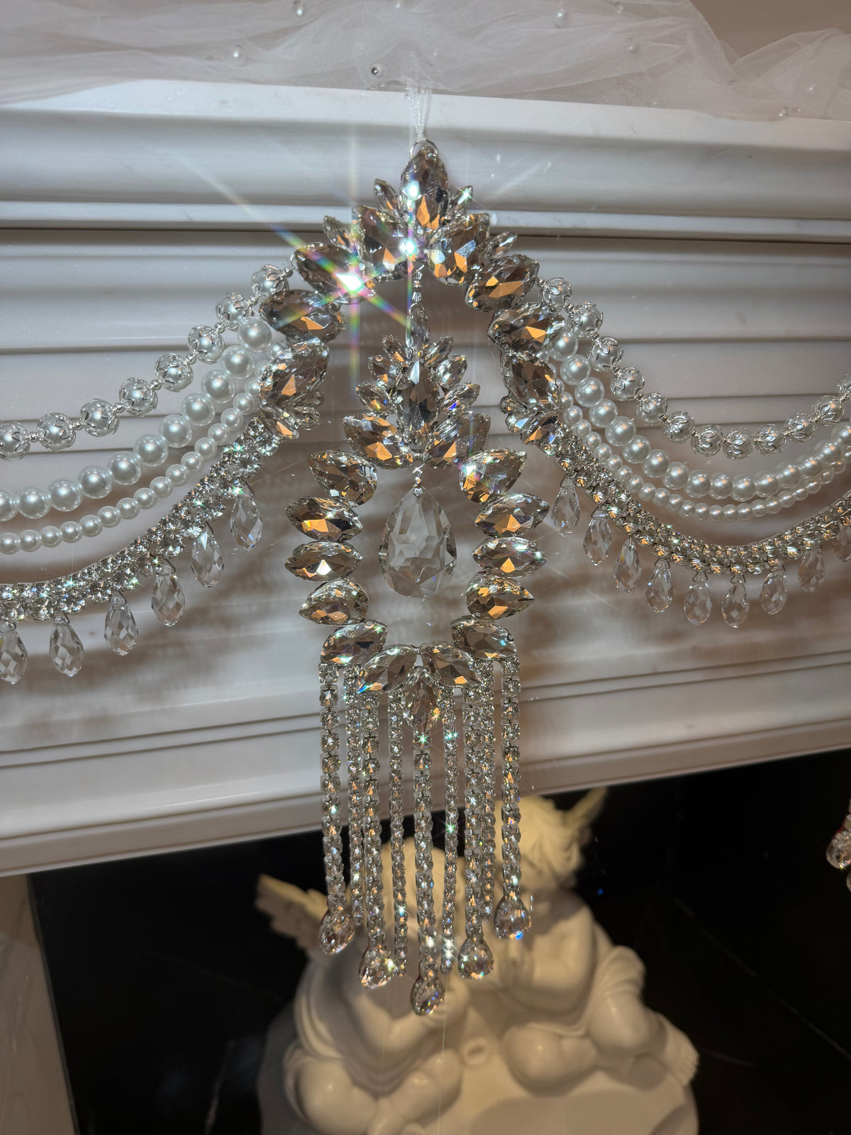 Crystal Garland Rhinestone Mantel Swag, Luxury Wedding Decor Crystal Chandelier Garland, Handmade Pearl Beaded Garland, Fireplace Decor