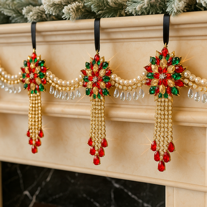 Luxury Red Green & Gold Jeweled Christmas Garland | Handmade Crystal Holiday Mantel Swag | Elegant Pearl Rhinestone Decor by LaysDecor