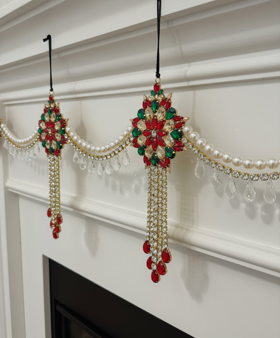 Luxury Red Green & Gold Jeweled Christmas Garland | Handmade Crystal Holiday Mantel Swag | Elegant Pearl Rhinestone Decor by LaysDecor
