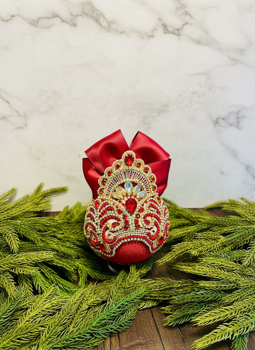 Handmade Red & Gold Velvet Christmas Ornament | Gold Lace Crown Bauble | Luxury Crystal Rhinestone Holiday Decor