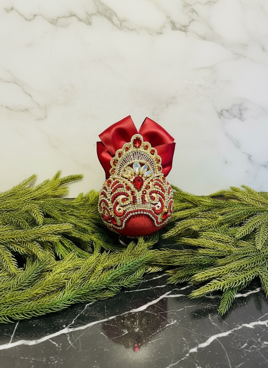 Handmade Red & Gold Velvet Christmas Ornament | Gold Lace Crown Bauble | Luxury Crystal Rhinestone Holiday Decor