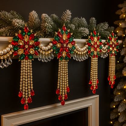 Luxury Red Green & Gold Jeweled Christmas Garland | Handmade Crystal Holiday Mantel Swag | Elegant Pearl Rhinestone Decor by LaysDecor