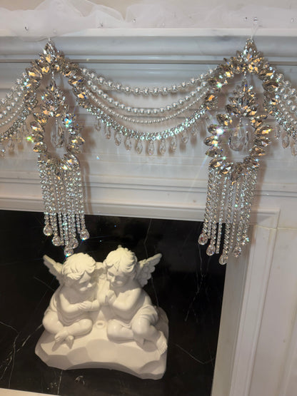 Crystal Garland Rhinestone Mantel Swag, Luxury Wedding Decor Crystal Chandelier Garland, Handmade Pearl Beaded Garland, Fireplace Decor