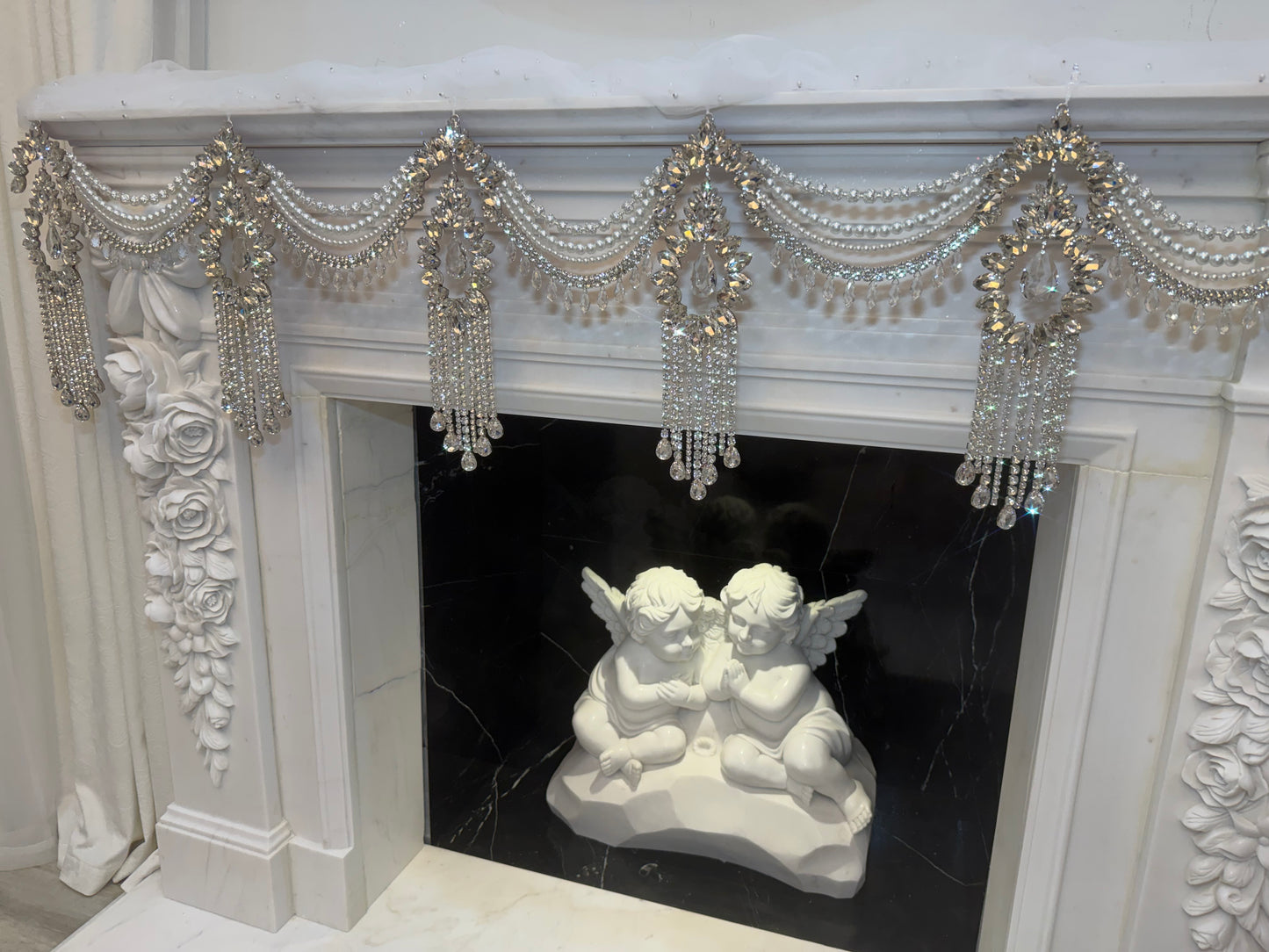 Crystal Garland Rhinestone Mantel Swag, Luxury Wedding Decor Crystal Chandelier Garland, Handmade Pearl Beaded Garland, Fireplace Decor
