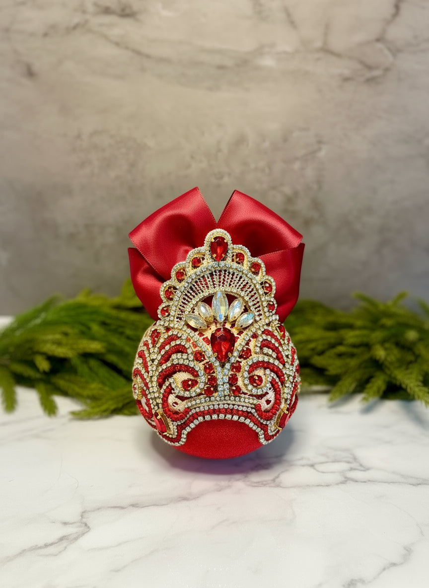 Handmade Red & Gold Velvet Christmas Ornament | Gold Lace Crown Bauble | Luxury Crystal Rhinestone Holiday Decor
