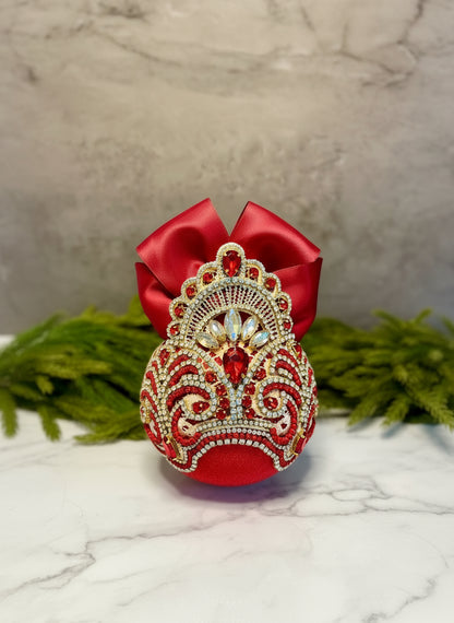 Handmade Red & Gold Velvet Christmas Ornament | Gold Lace Crown Bauble | Luxury Crystal Rhinestone Holiday Decor