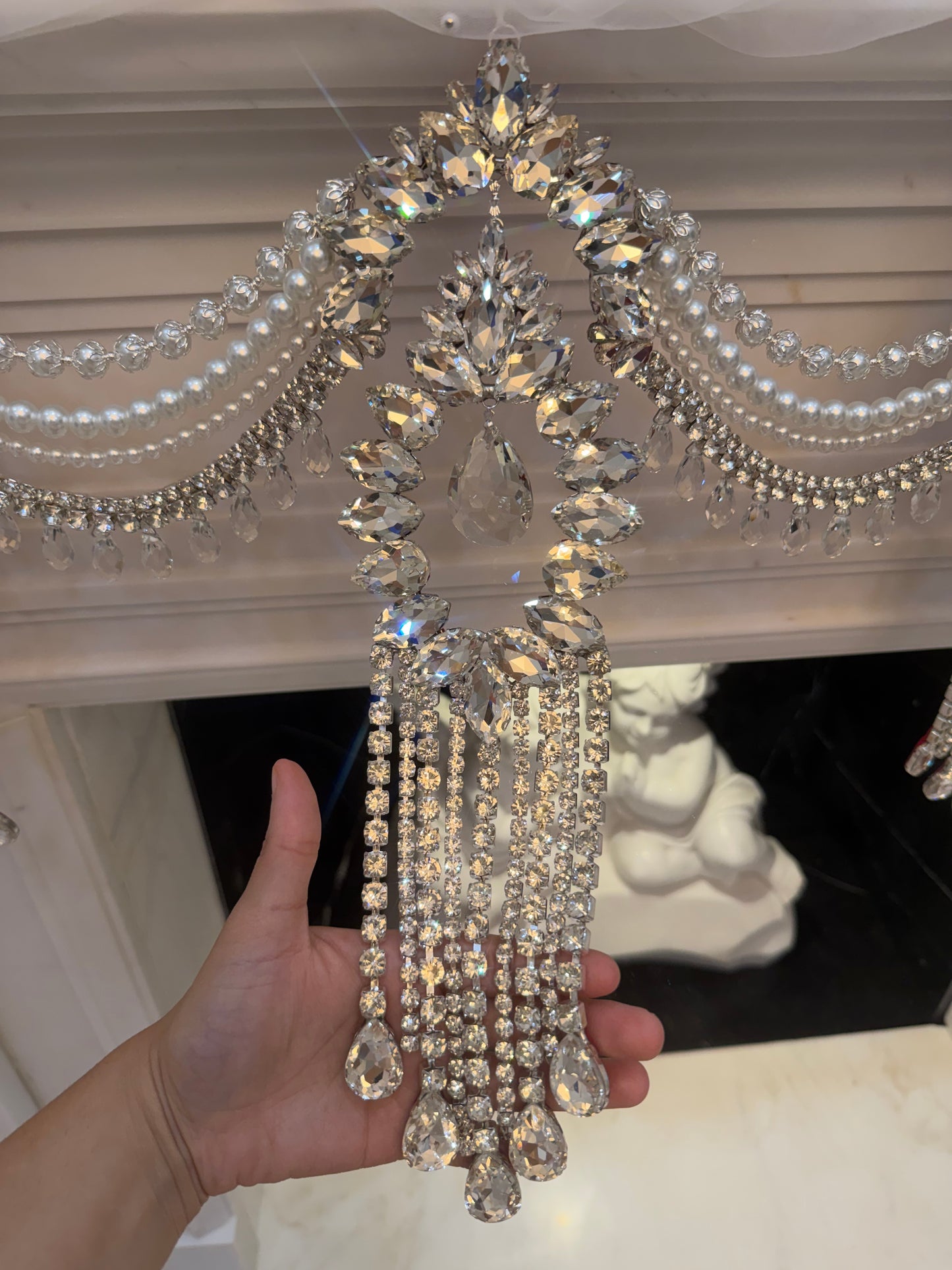 Crystal Garland Rhinestone Mantel Swag, Luxury Wedding Decor Crystal Chandelier Garland, Handmade Pearl Beaded Garland, Fireplace Decor